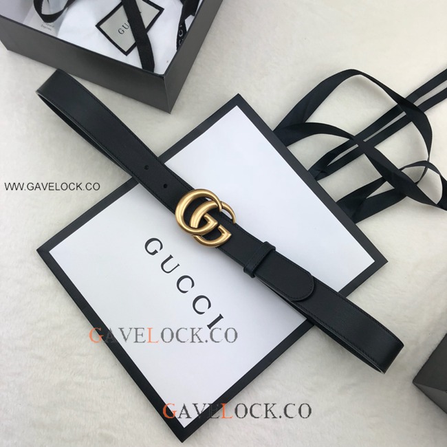 Gucci Black Leather Belt Retro Golden GG Buckle Size 30mm